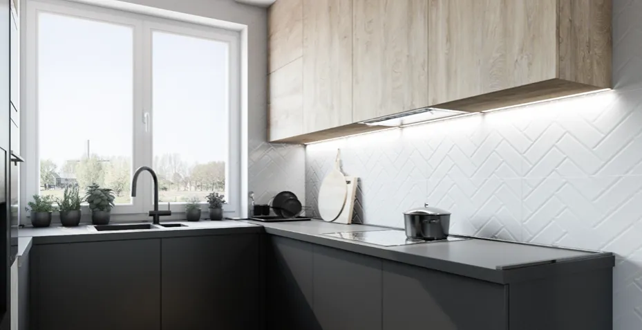 Płytki heksagonalne jasne w kuchni, płytki imitujące marmur do małej kuchni, płytki strukturalne 3D jasne