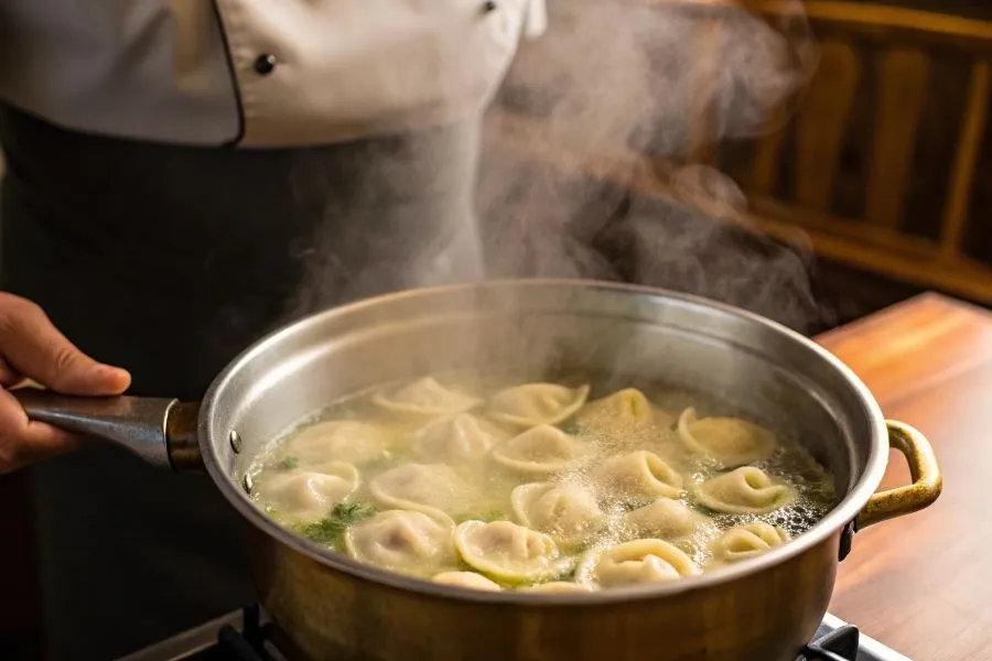 duży garnek wrzącej wody z tortellini