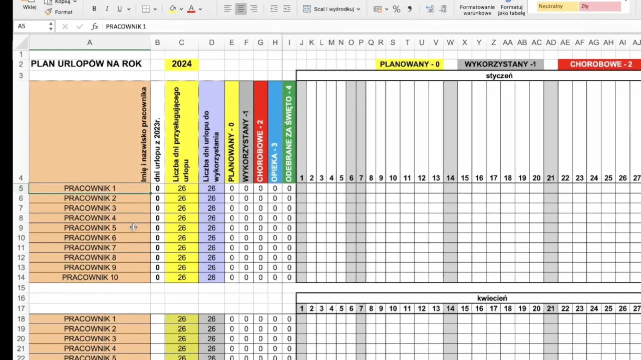 Kalendarz z zaznaczonym urlopem i podpisana umowa