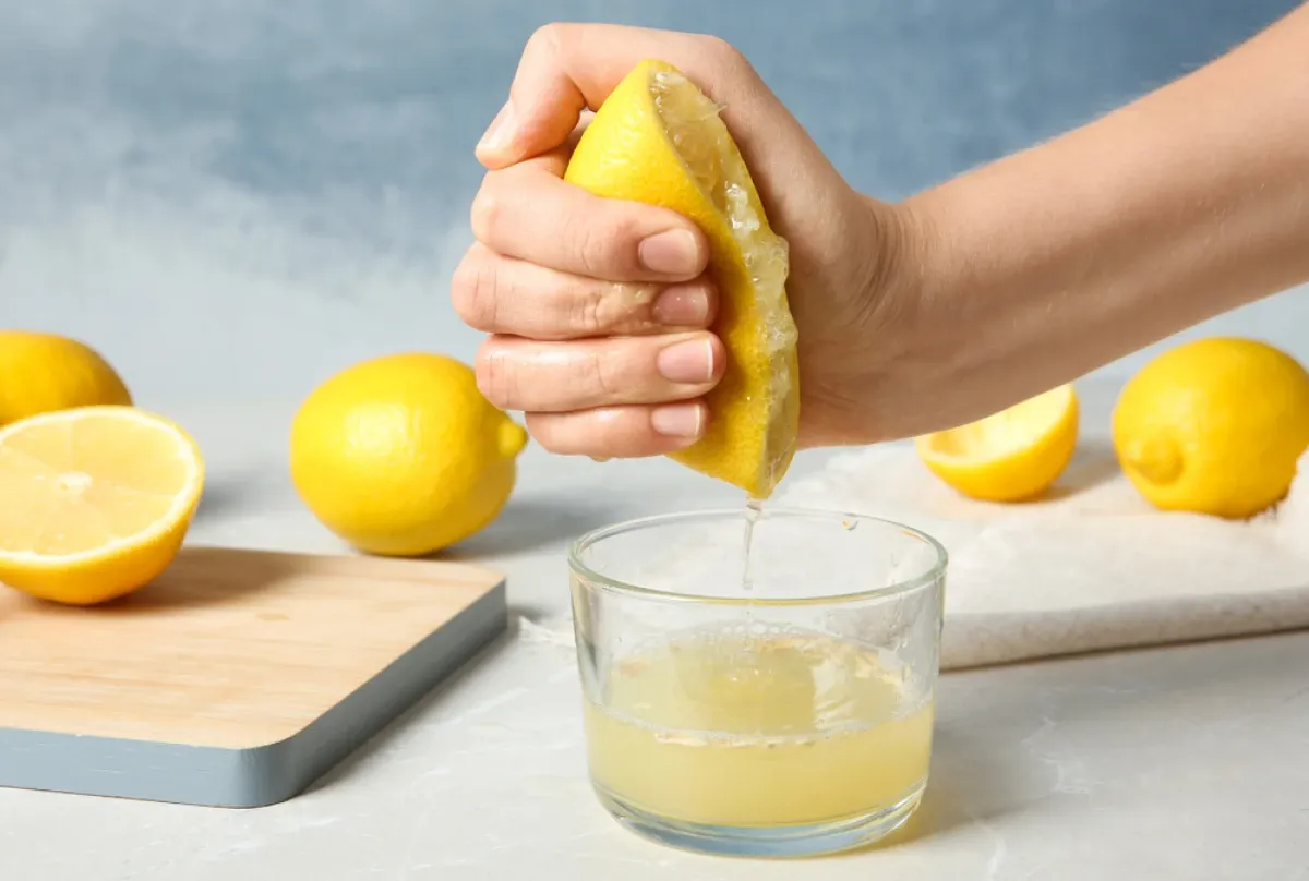 Dłoń wyciska soczystą cytrynę, kt&oacute;ra jest owocem, do szklanki. Wok&oacute;ł leżą inne cytryny.