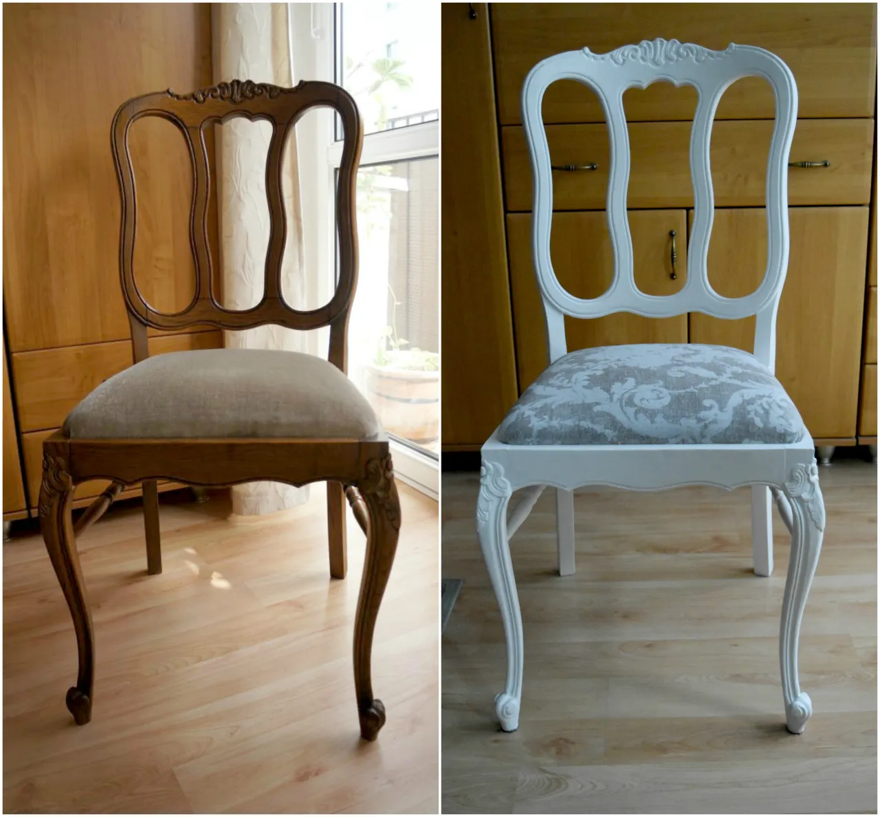 metamorfozy starych krzeseł na biało przed i po