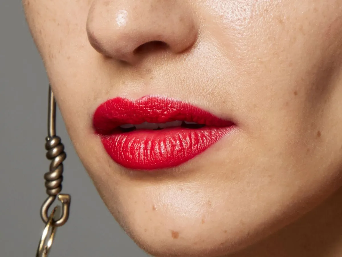 Usta w intensywnej czerwonej szmince. Zastanawiasz się, jak zmyć szminkę z ust? Delikatne muśnięcie płatkiem kosmetycznym i po problemie.