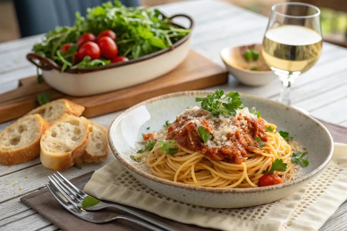 Spaghetti z tuńczykiem na talerzu z natką pietruszki