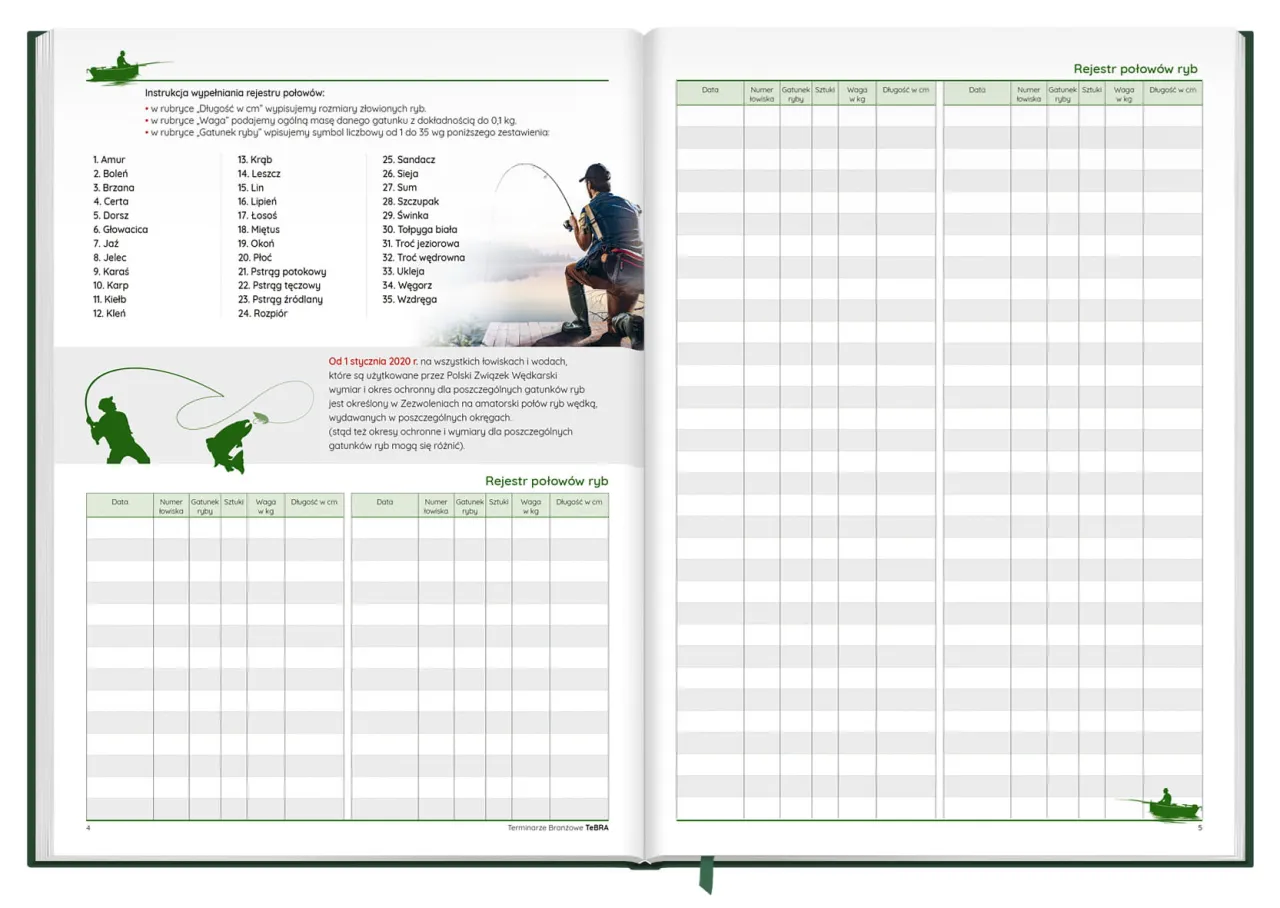 Instrukcja wypełniania rejestru połowów ryb. Wpisz datę, numer łowiska, gatunek ryby, sztuki, wagę i długość. Kalendarz połowów ryb czeka na Twoje wpisy.