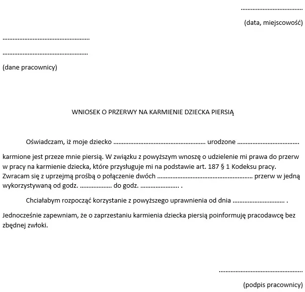 Przykładowy wz&oacute;r wniosku o przerwy na karmienie piersią