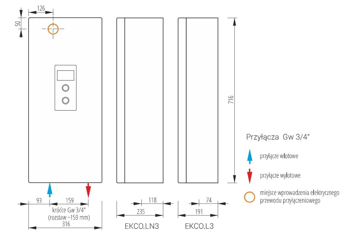 Rysunek techniczny pieca elektrycznego CO. Wymiary, przyłącza wody i miejsce wprowadzenia przewodu elektrycznego.