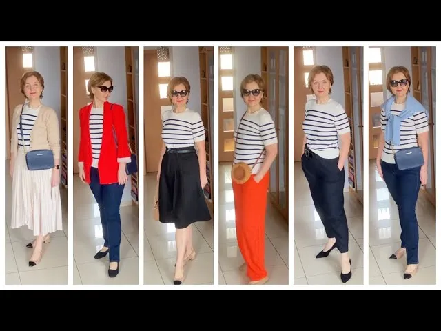 Granatowa marynarka stylizacje z bluzką w paski