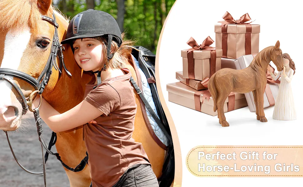 dziewczynka w r&oacute;żnym wieku z prezentami z motywem konia