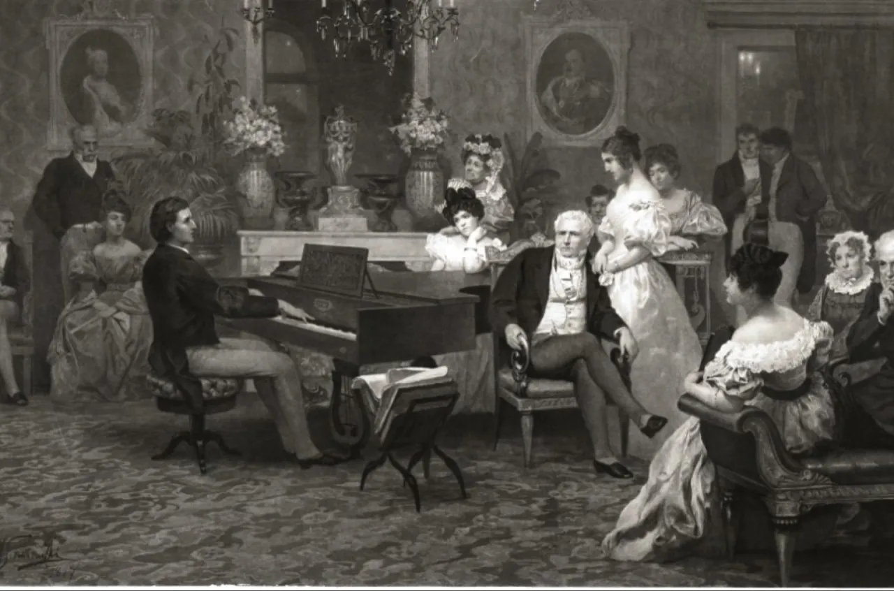 Fryderyk Chopin grający na fortepianie w salonie