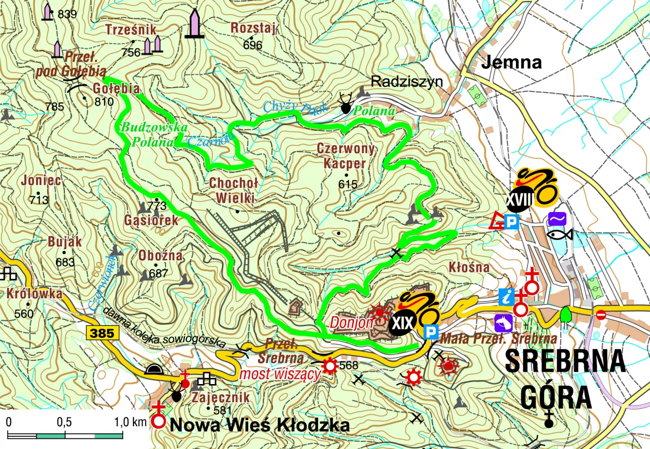Mapa turystyczna Srebrna G&oacute;ra z zaznaczonymi trasami rowerowymi, szlakami i punktami widokowymi.