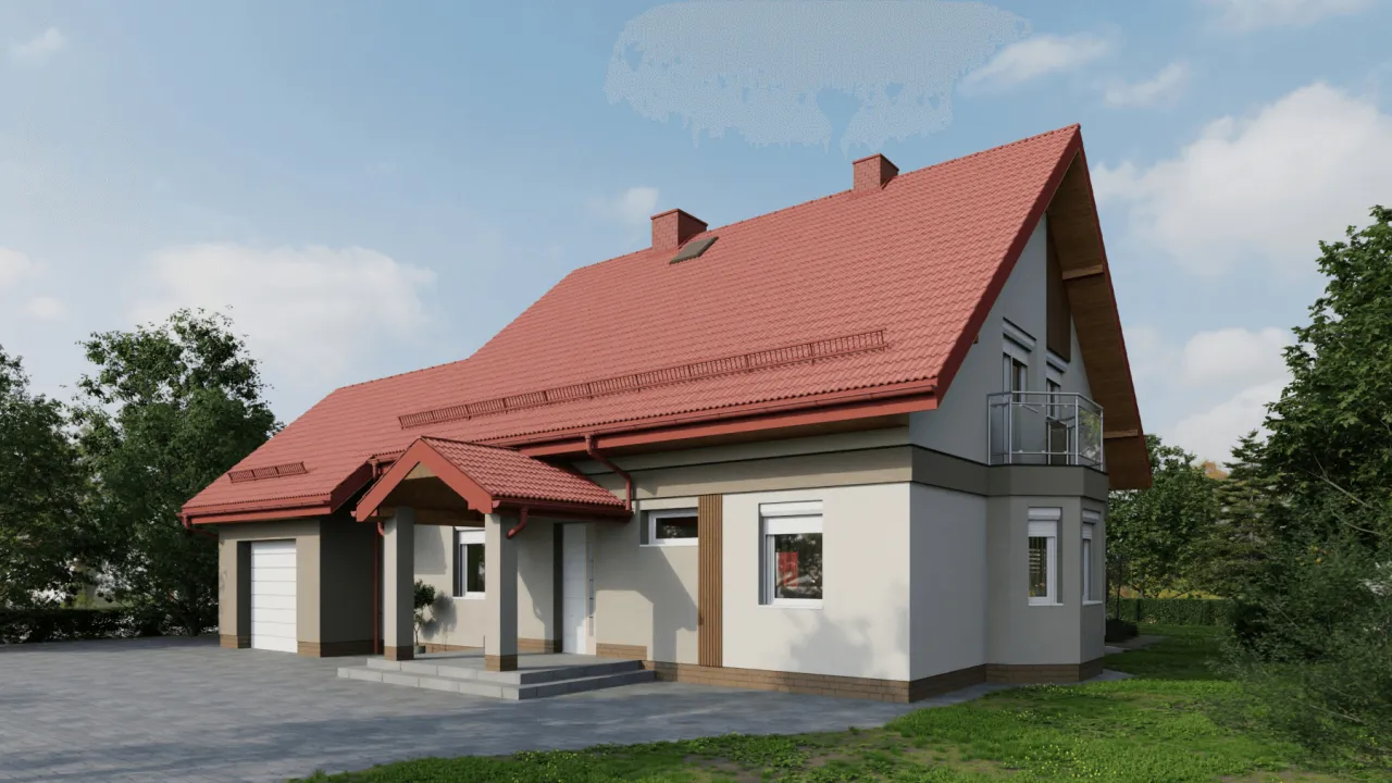 Dom z czerwonym dachem i białą elewacją