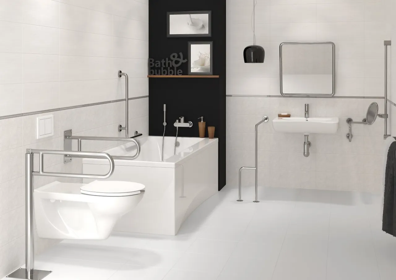 Remont łazienki dla niepełnosprawnych, prysznic bez brodzika, uchwyty