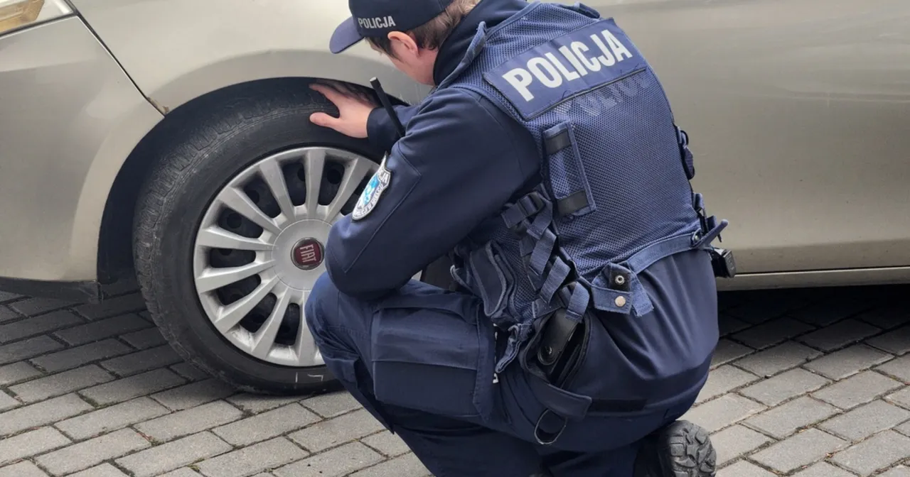 Policjant kontrolujący opony samochodu zimą