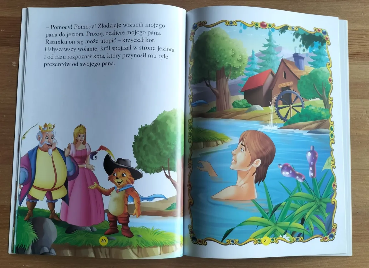 Baśń o kocie w butach Ewy Szelburg-Zarembiny: Kot prosi kr&oacute;la o pomoc dla swojego pana, kt&oacute;ry tonie.