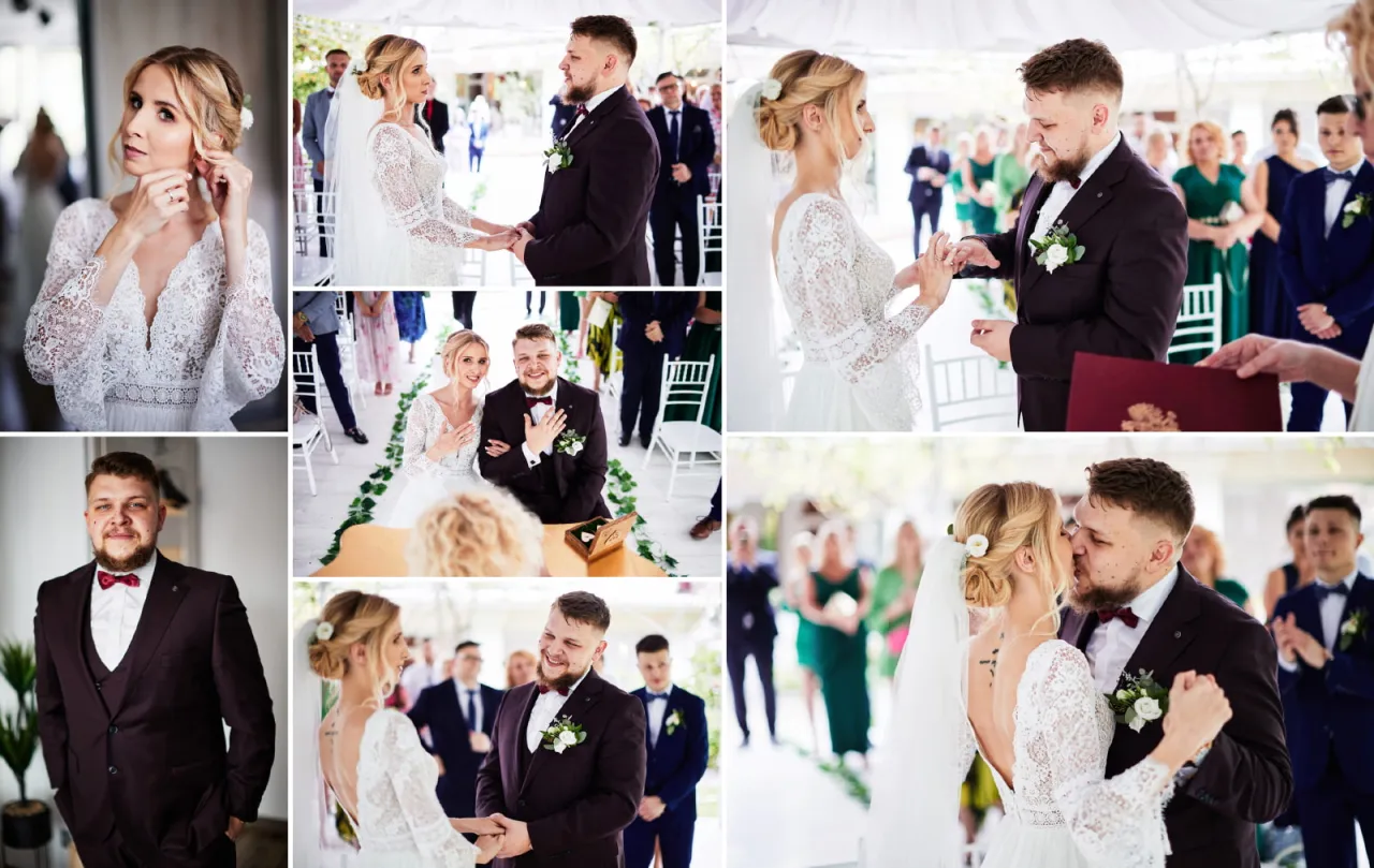 Uśmiechnięta para młoda podczas ślubu cywilnego. Zastanawiasz się, ile kosztuje fotograf na ślub cywilny? Zobacz te piękne chwile!