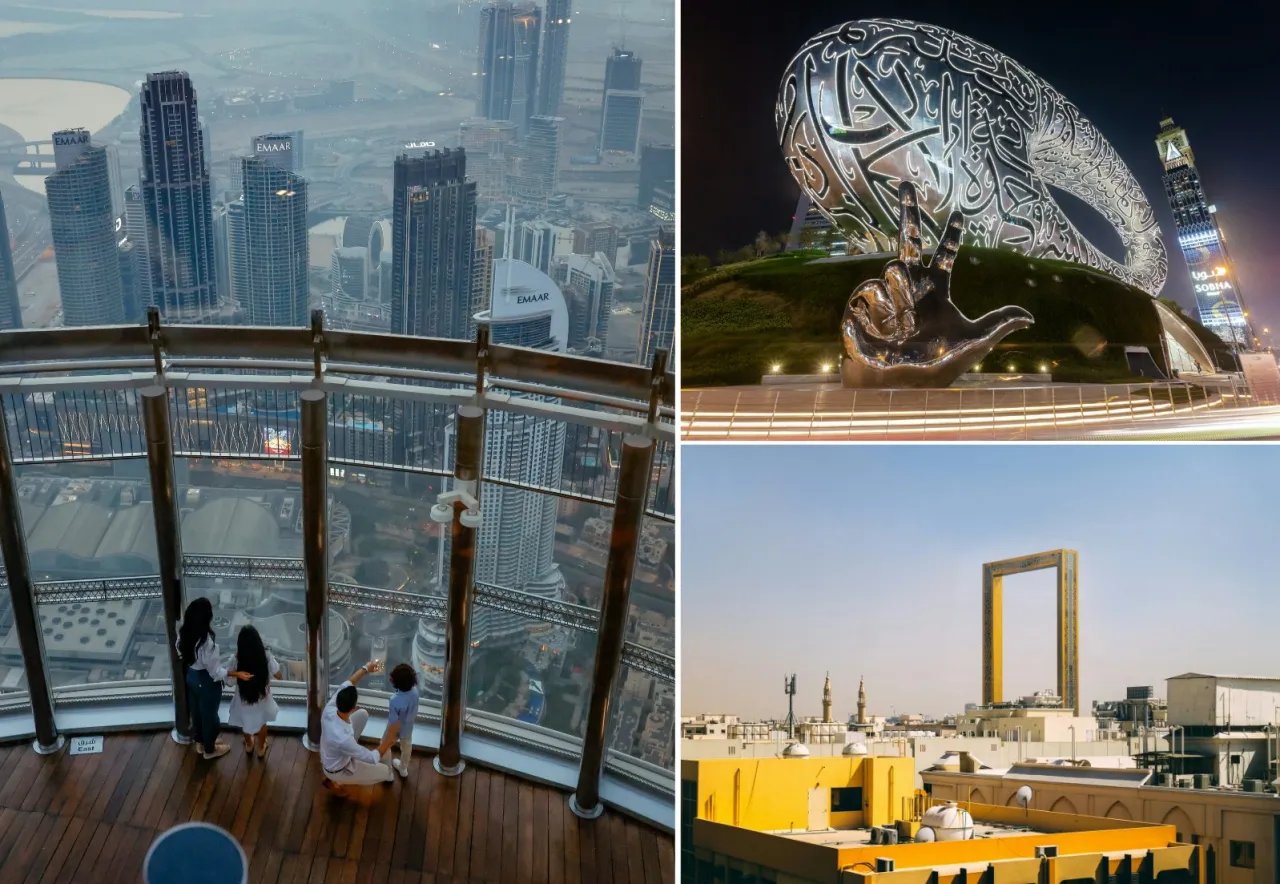 Ikoniczne atrakcje Dubaju kolaż: Burdż Chalifa, Palma Jumeirah, Muzeum Przyszłości