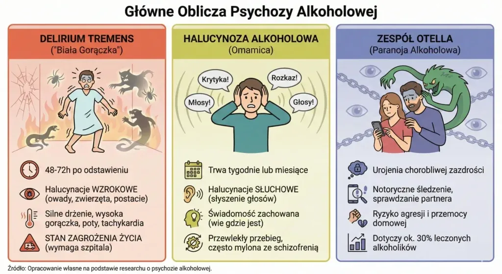 Poważne powikłania alkoholizmu, psychozy alkoholowe, delirium tremens objawy