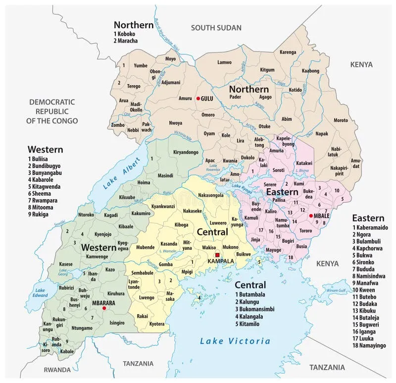 Mapa Ugandy z zaznaczonymi regionami przygranicznymi