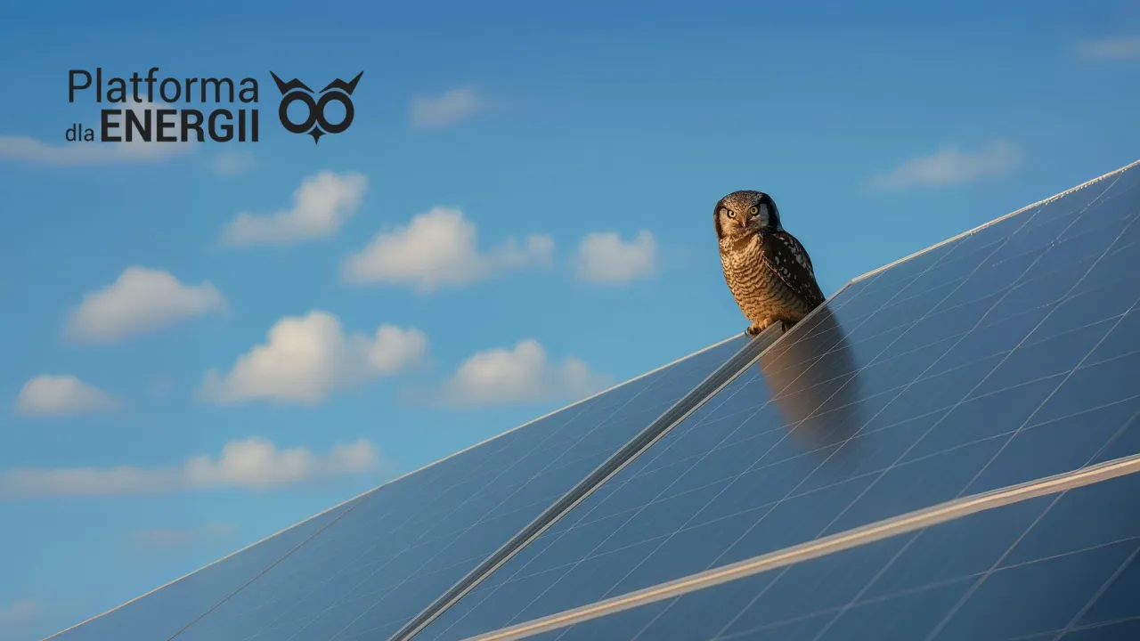 Sowa na panelach słonecznych, symbol mądrości i zrównoważonej energii. Spółdzielnia energetyczna patrzy w przyszłość.