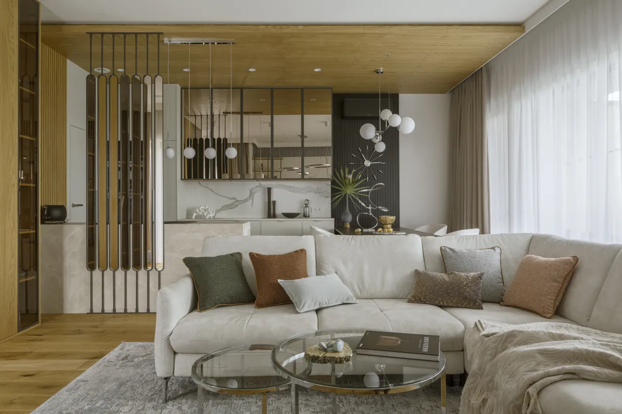 Trendy w oświetleniu salonu 2026, naturalne materiały