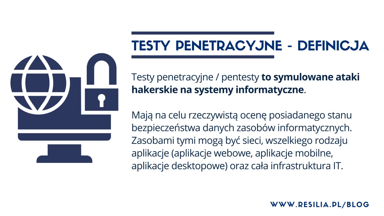 Grafika przedstawia ikonę komputera z globusem i otwartą kł&oacute;dką, symbolizującą testy penetracyjne.
