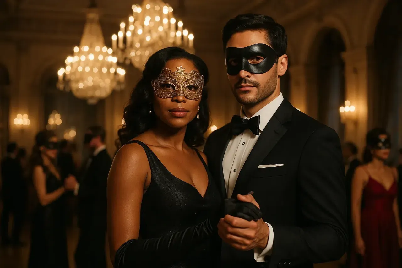 Elegancka para w maskach na balu. Ona w złotej masce i czarnej sukni, on w czarnej masce i smokingu. Ich str&oacute;j formalny podkreśla tajemniczość wieczoru.