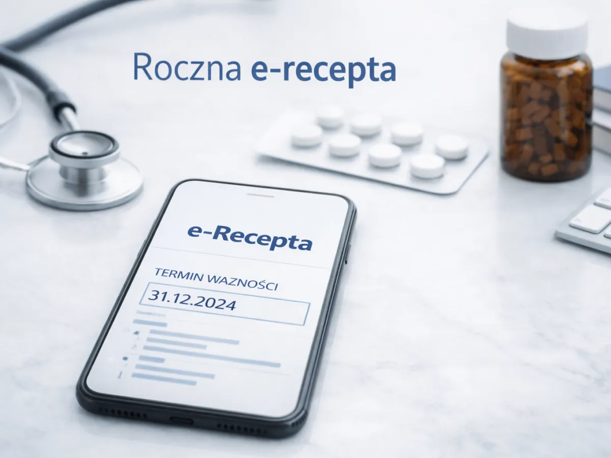 Na ekranie telefonu widnieje e-recepta z datą ważności 31.12.2024. Obok leży stetoskop i opakowania leków, co sugeruje, jak długo ważna jest recepta.