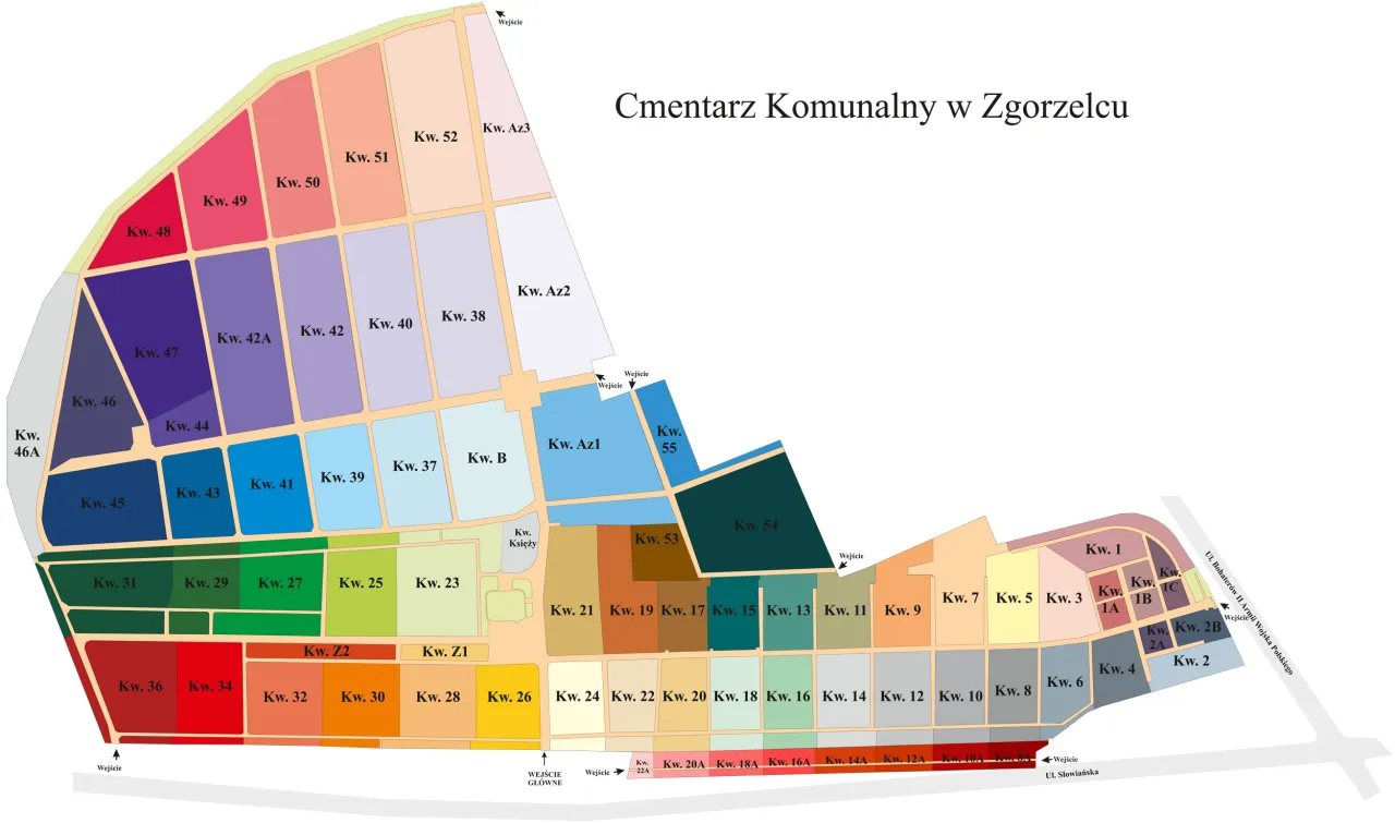 Mapa cmentarza komunalnego w Zgorzelcu z podziałem na kwatery. Widać tu liczne wejścia, a także oznaczenia poszczególnych sekcji, np. Kw. 48, Kw. 51, Kw. 38, Kw. 2, Kw. 1.