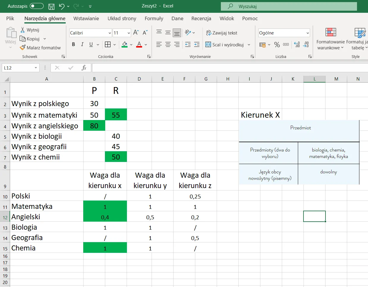 arkusz kalkulacyjny obliczanie punktów maturalnych