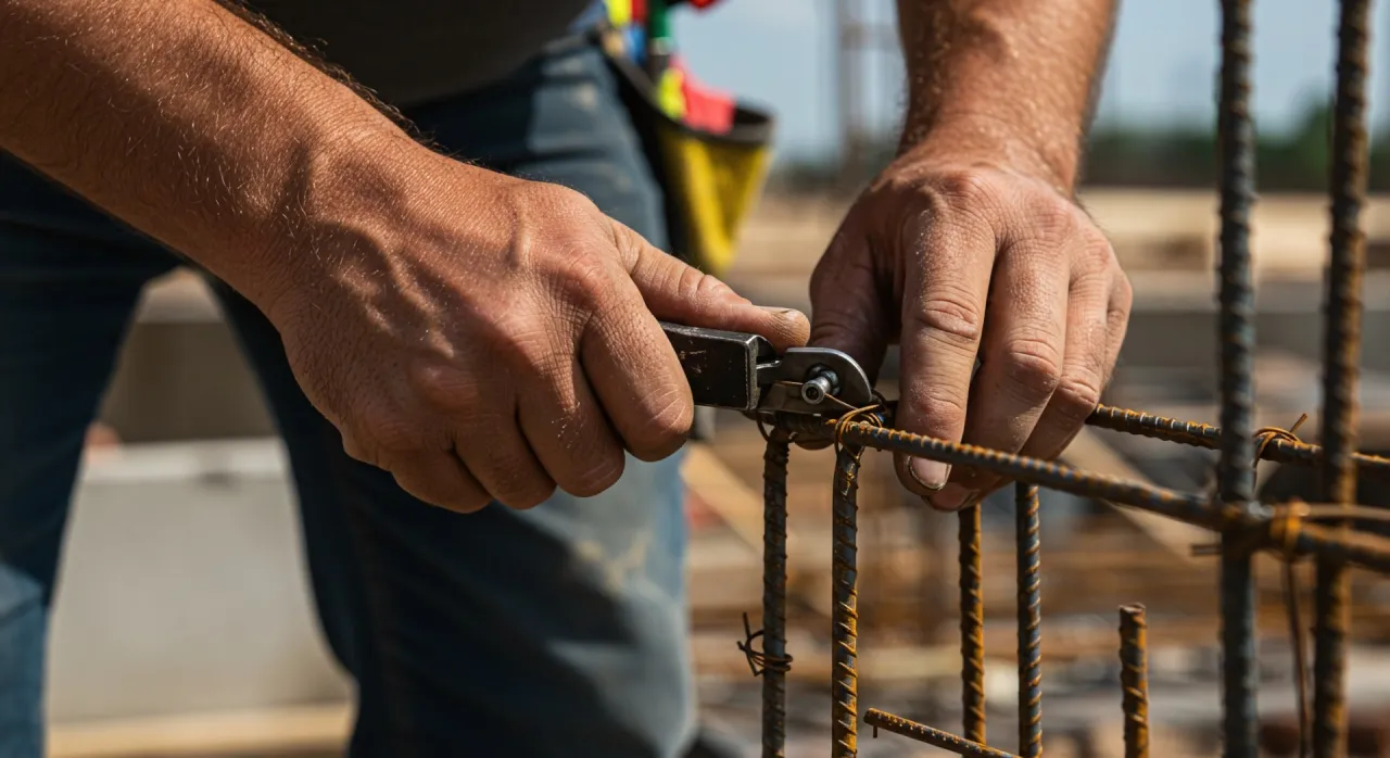 Budowlaniec pokazuje, jak wiązać zbrojenie drutem wiązałkowym, używając specjalnych szczypiec do precyzyjnego mocowania pręt&oacute;w.