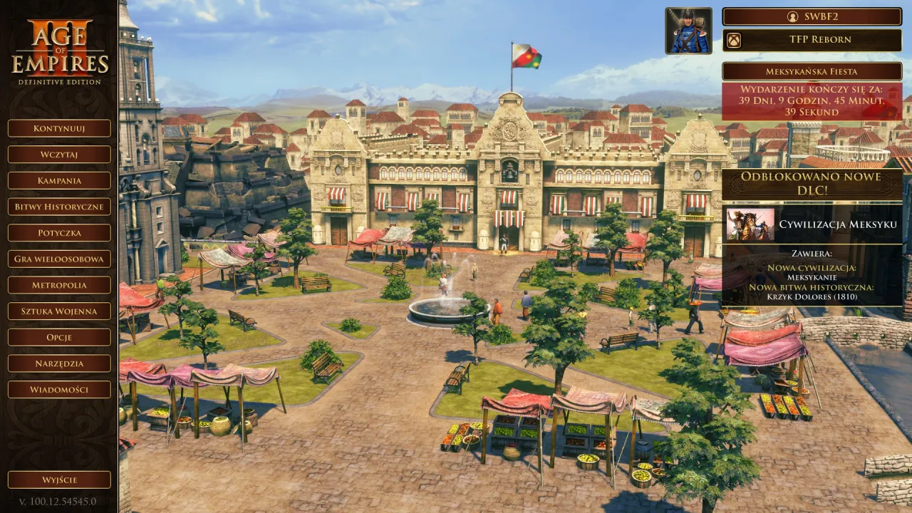 Age of Empires 3: Definitive Edition - menu główne z widokiem na plac miejski i budynek ratusza. Odblokowano DLC 