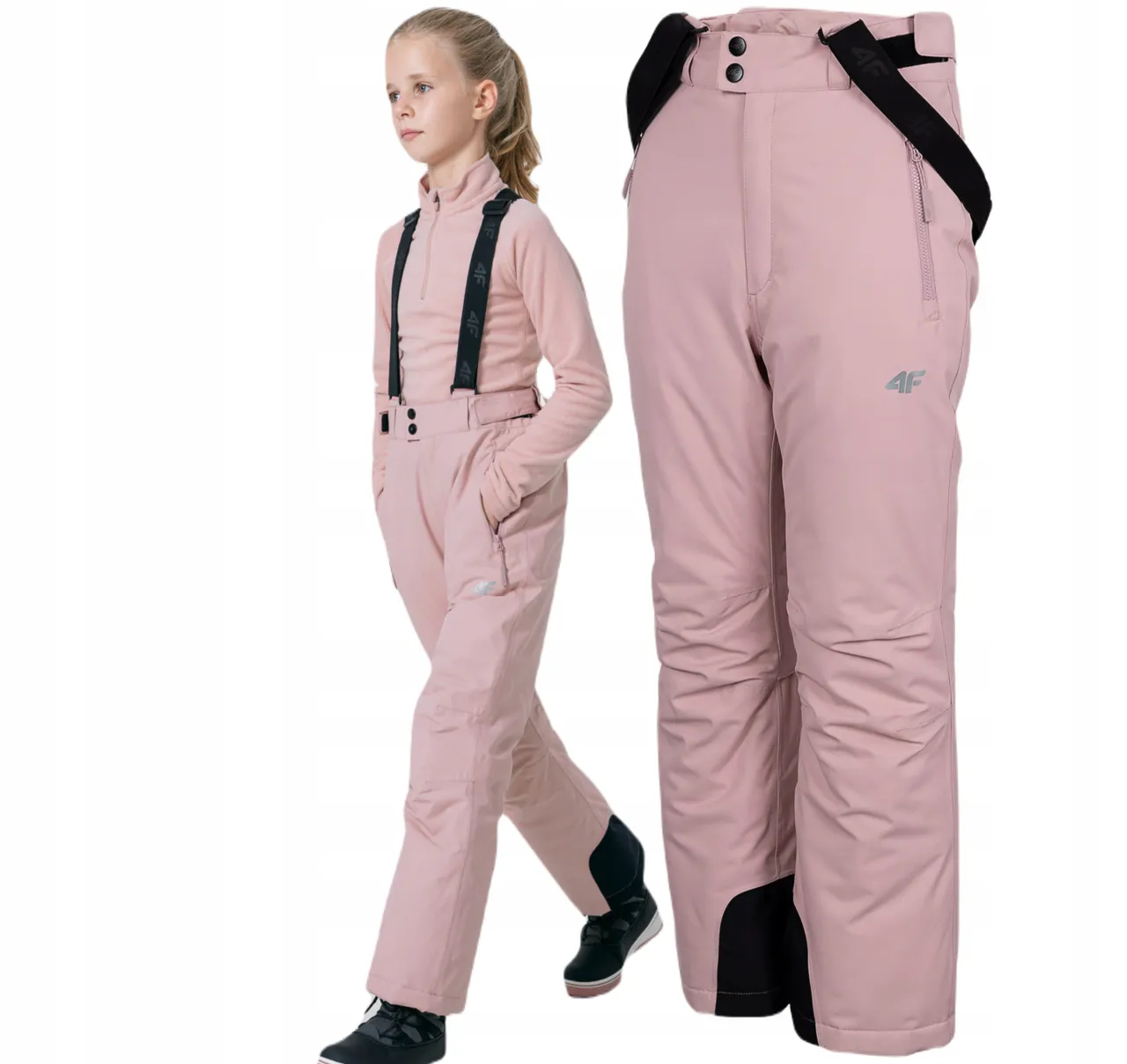 spodnie narciarskie dziewczynka detale wzmocnienia szelki