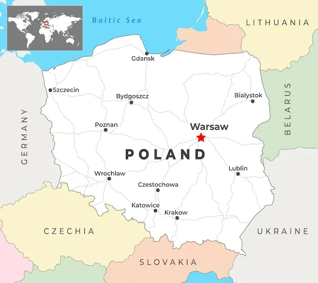 mapa Polski z zaznaczonymi największymi miastami jak Warszawa, Kraków, Trójmiasto