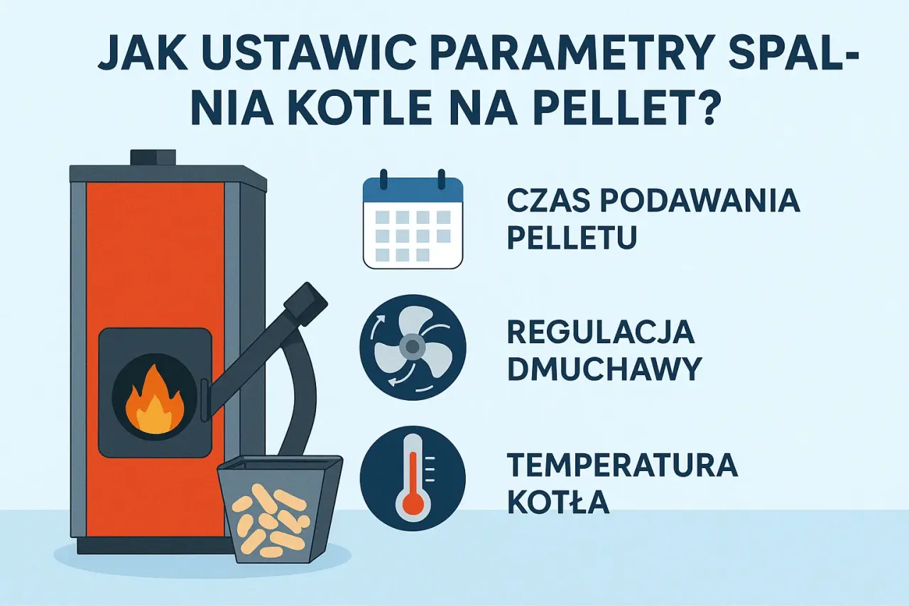 Jak ustawić piec na pellet? Ilustracja pokazuje kocioł, podajnik pelletu i ikony: kalendarz (czas podawania), wiatrak (regulacja dmuchawy) i termometr (temperatura kotła).