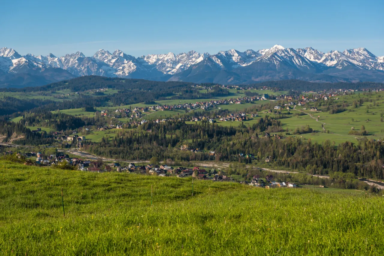 Widok na Bukowinę Tatrzańską i ośnieżone szczyty Tatr. Atrakcje czekają!