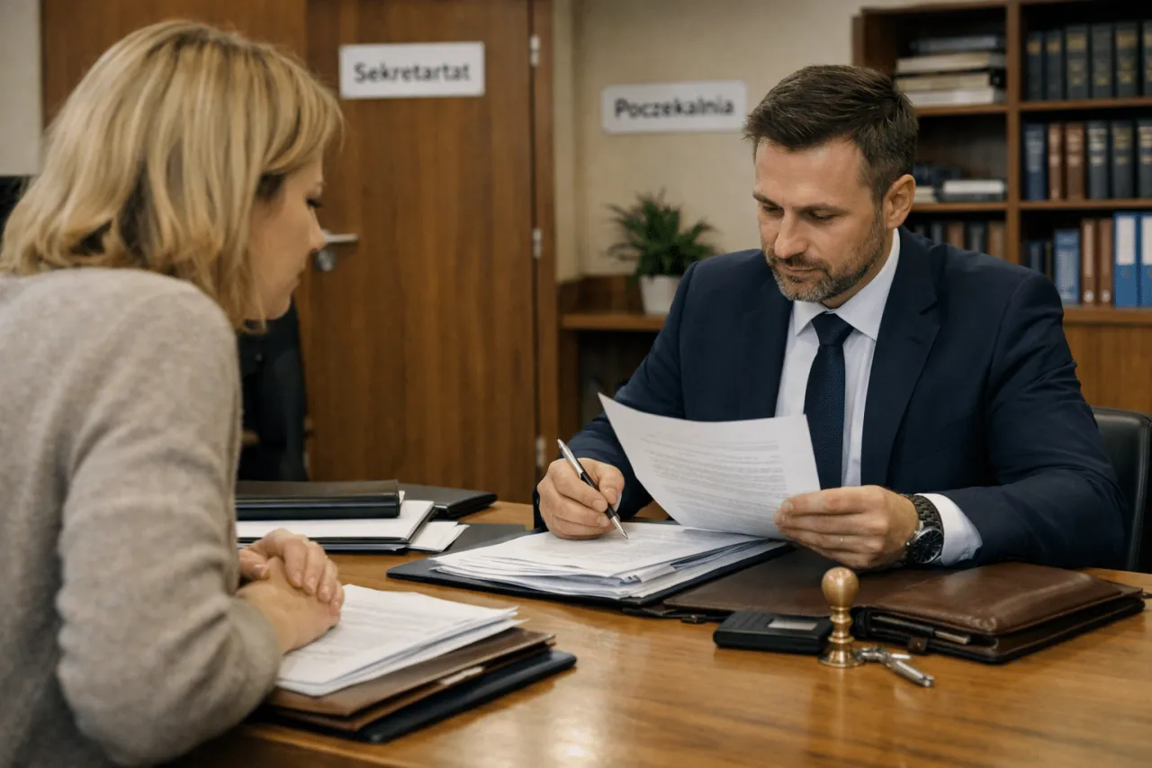 Mężczyzna w garniturze, notariusz, podpisuje dokumenty dotyczące nabycia spadku u notariusza. Kobieta siedzi naprzeciwko.