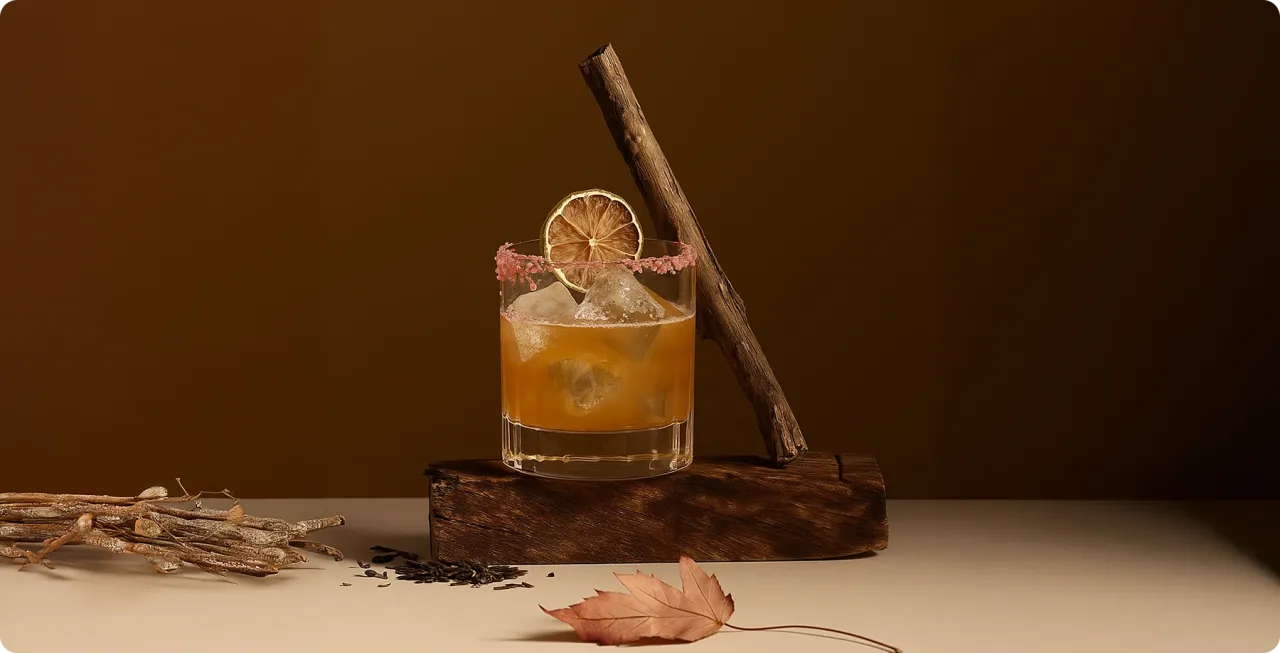 Old Fashioned na bourbonie czy na żytniej whisky? Ten klasyczny koktajl z lodem, suszoną limonką i różową solą na kieliszku, otoczony jesiennymi akcentami, zachwyca.