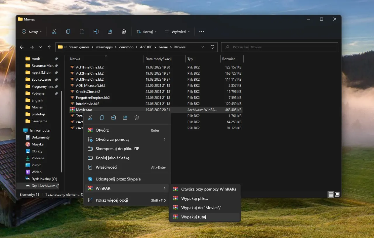 Plik Movies.rar w folderze gry Age of Empires 3 Definitive Edition. Rozpakowywanie plików gry.