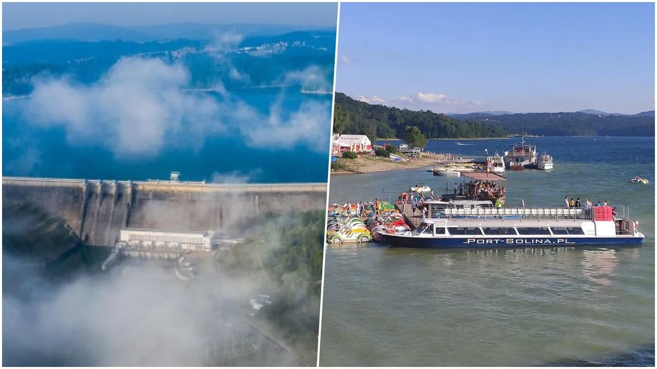 Jezioro Solińskie widok na zaporę i statek