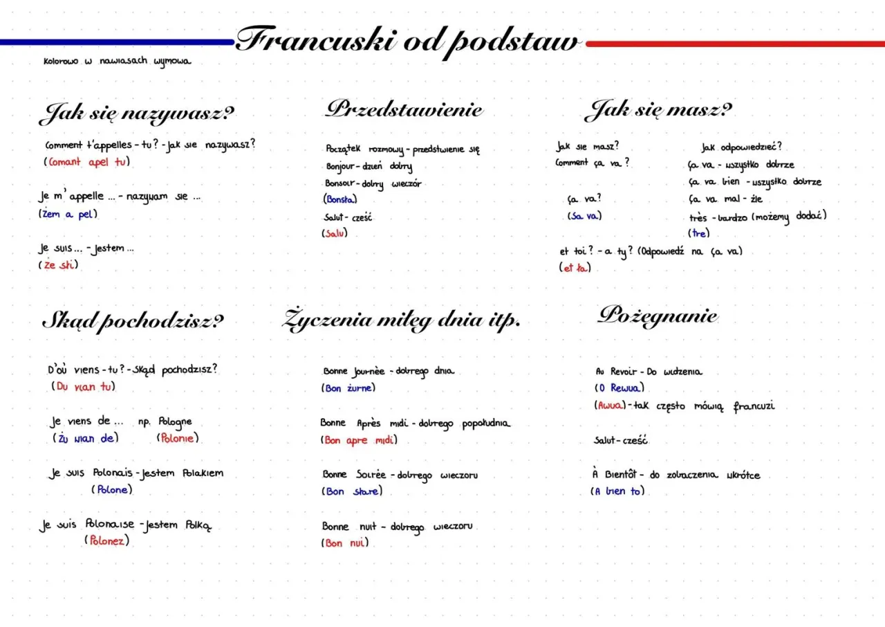 Francuski od podstaw: zwroty powitalne, przedstawianie się, pytania o samopoczucie i pochodzenie, życzenia oraz pożegnania. Miesiące po francusku nie są tu wymienione, ale nauka podstaw jest kluczowa.