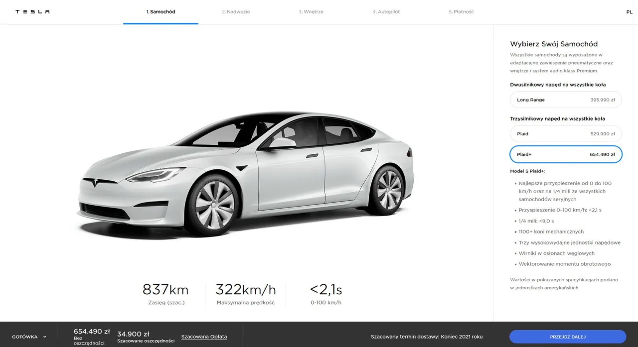 Biała Tesla Model S Plaid+ kosztuje 654 490 zł. Sprawdź, ile kosztuje Tesla Model S w różnych wersjach.