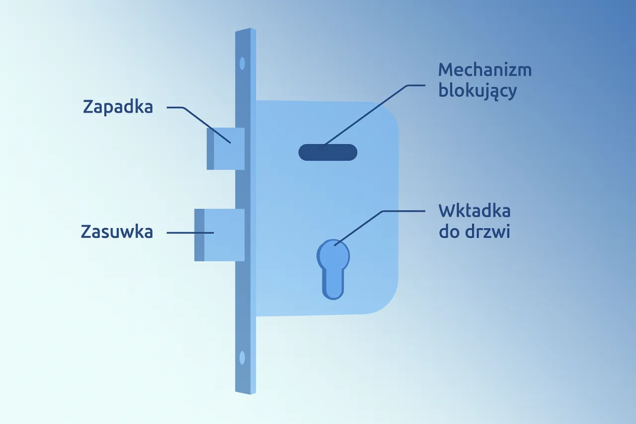 Schemat budowy zamka błyskawicznego: zasuwa, zapadka, mechanizm blokujący i wkładka do drzwi.
