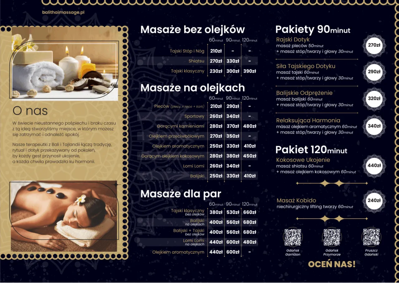 Cennik masażu tajskiego w Polsce rodzaje i czas trwania