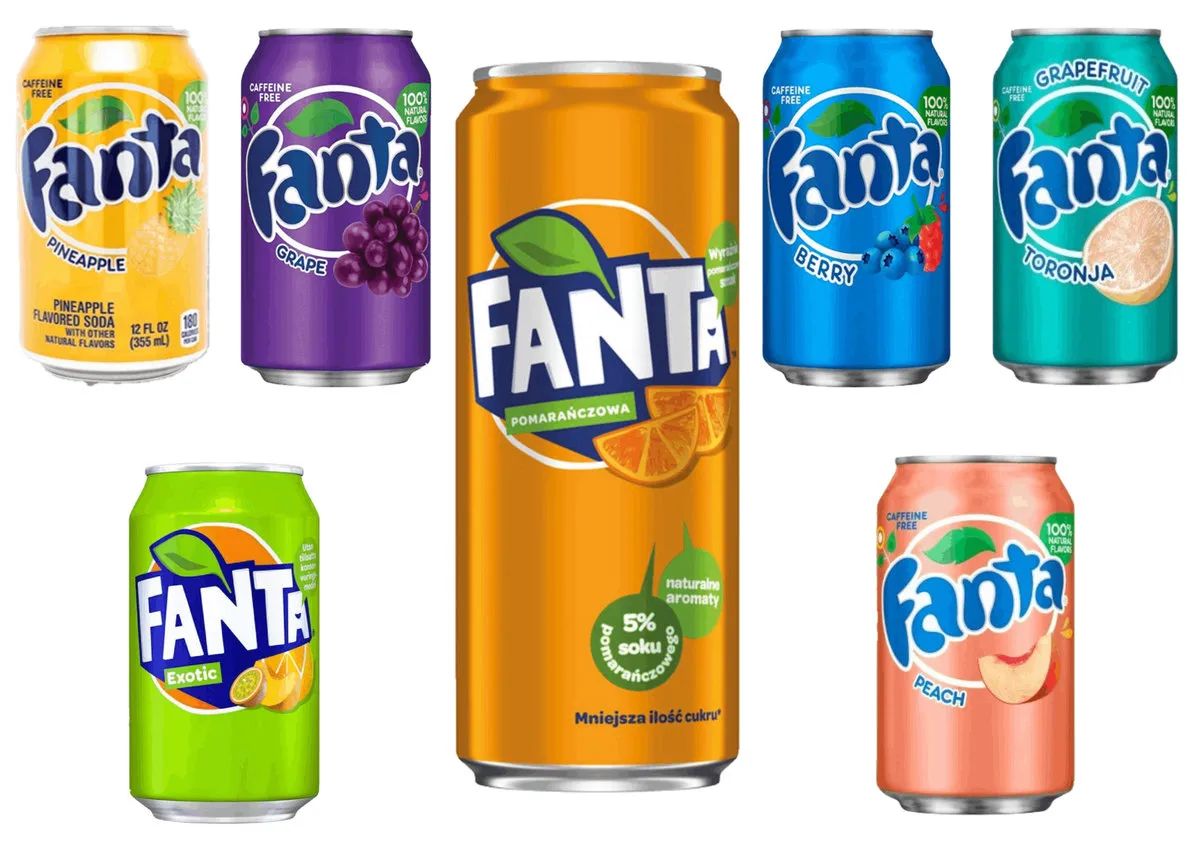 R&oacute;żne butelki i puszki Fanta Polska