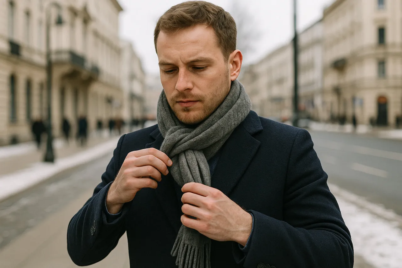 Mężczyzna w granatowym płaszczu poprawia szary szalik, pokazując, jak wiązać męski szalik.