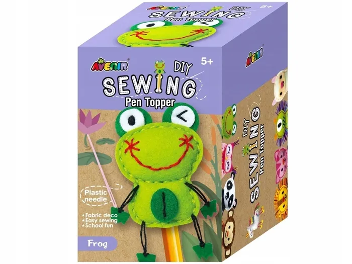 różne materiały do szycia maskotek żab i narzędzia