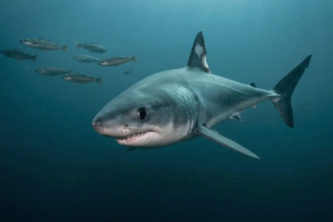 Wielki rekin pływa w głębinach, a ławica ryb ucieka. Czy w morzu bałtyckim są rekiny? Tak, choć rzadko.