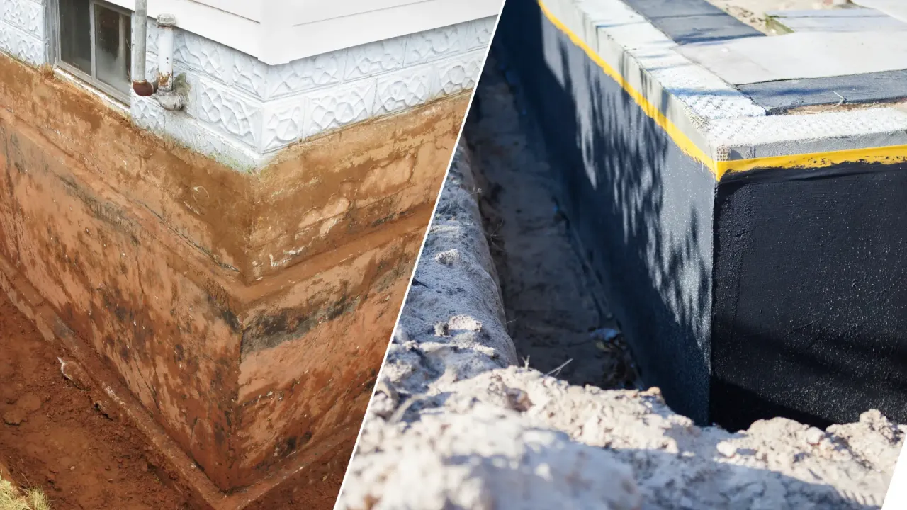 Por&oacute;wnanie: stary, wilgotny fundament i nowy, zabezpieczony czarną masą. Dowiedz się, czym zabezpieczyć fundamenty.