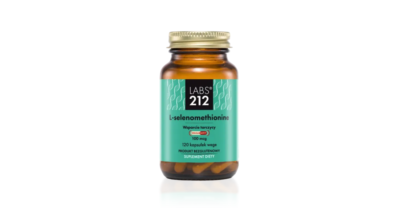 Bursztynowa butelka z kapsułkami L-selenometioniny. Produkt wspiera tarczycę, zawiera selen.