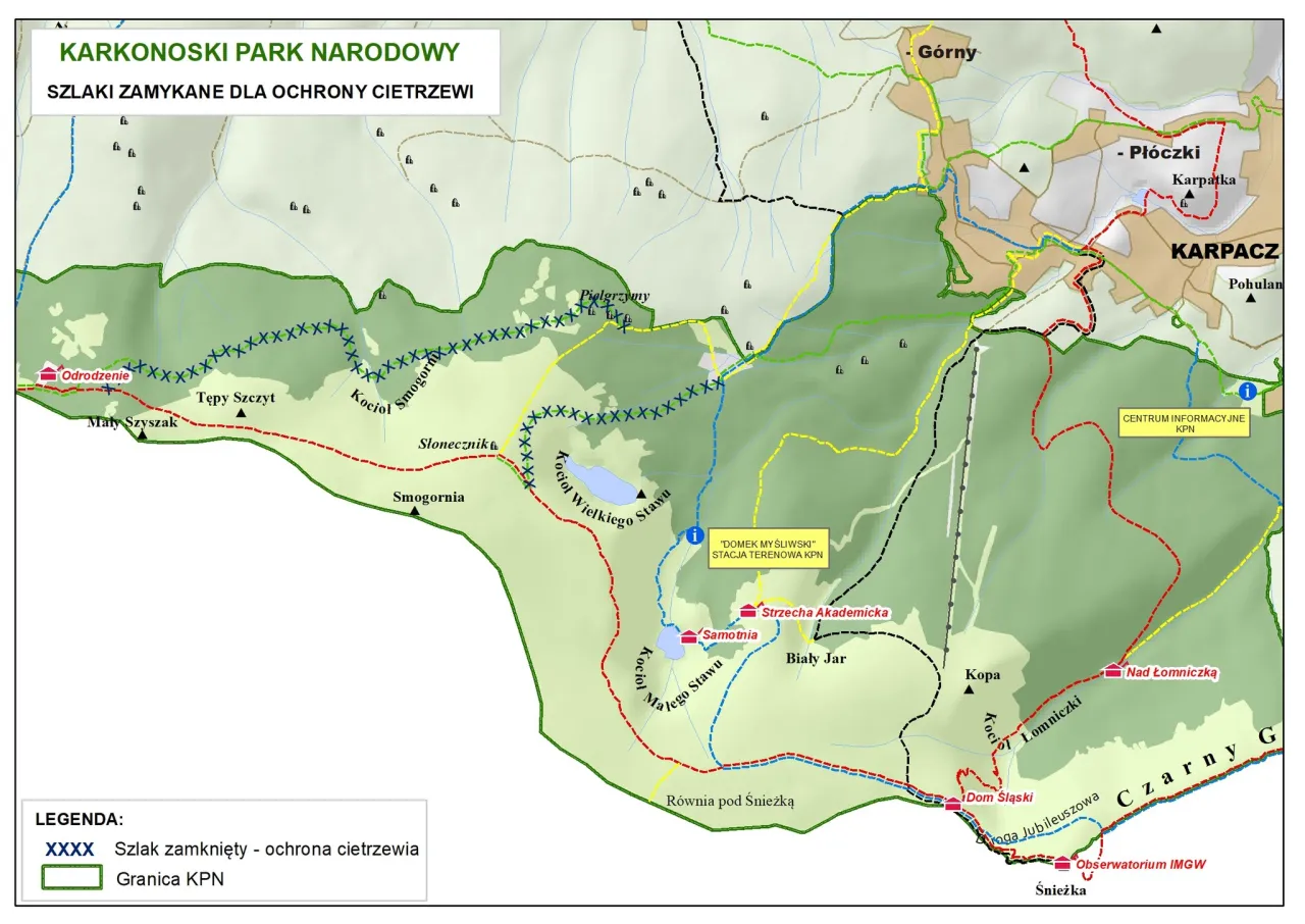 Mapa zimowych zamknięć szlaków Karkonosze